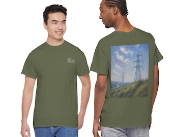 Transmission Landscape | Impressionist Electricity Pylon Art | Static Fields™ Vintage Landscape T-Shirt | Fine Art Utility Lines Tee