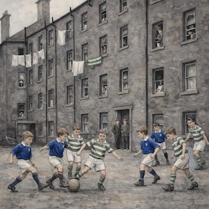 May include: Watercolor painting of children playing soccer in a courtyard. The boys wear blue and green striped jerseys, white shorts, and dark socks. A soccer ball is in play. A multi-story building with windows and laundry hanging is in the background.