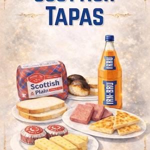 Op de afbeelding: Een illustratie van Schotse tapas, waaronder een brood van Schots brood, plakjes vlees, shortbread en een fles IRN-BRU. De tekst "Scottish Tapas" staat bovenaan de afbeelding.