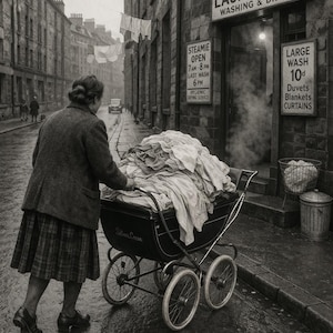 Puede incluir: Fotografía en blanco y negro de una mujer empujando un cochecito vintage lleno de ropa por una calle mojada. La escena es frente a una lavandería con letreros que dicen "Paisley Road Laundrette" y "Steamie Open".