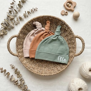 ersonalized Knotted Baby Hat, Custom Name Newborn Beanie, Soft Cotton Baby Cap