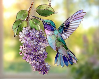 Hummingbird Suncatcher, Lilac Branch Window Hanging, Acrylic Floral Sun Catcher, Personalized Gift, Nature Lover Decor