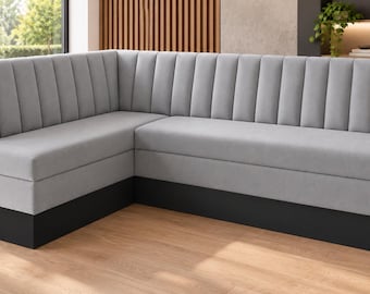 Custom-made corner bench with integrated storage compartments