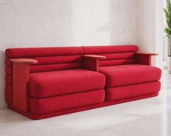 Banco de diseño rojo con mesa auxiliar integrada: mobiliario moderno y elegante.