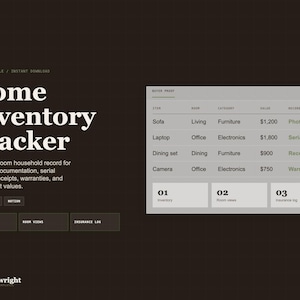 May include: A digital Home Inventory Tracker template bundle featuring a dark brown background with white text. The layout includes a table for tracking items, rooms, categories, values, and records, alongside navigation buttons for Google Sheets and Notion.