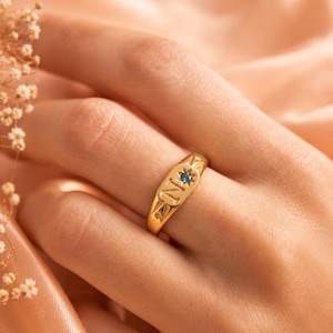 Könnte beinhalten: Ein goldener Siegelring mit eingraviertem Buchstaben N und einem kleinen blauen Edelstein, der in ein Sternenmotiv eingefasst ist. Der Ring verfügt über zusätzliche sternförmige Gravuren auf beiden Seiten des zentralen Buchstabens und der Steinfassung.