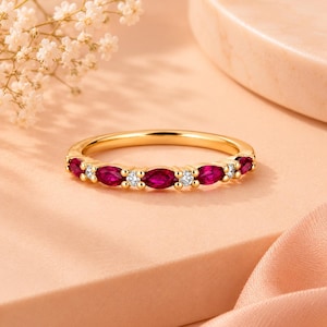 Ruby Red Gemstone Ring, Gold Tone Stackable Band, Oval Red Crystal Ring with Clear Accent Stones, Elegant Anniversary Gift for Her