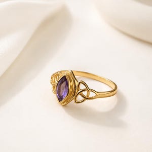 Celtic Knot Amethyst Ring, Gold Plated Purple Gemstone Ring, Vintage Boho Statement Ring for Women, Adjustable Jewelry Gift