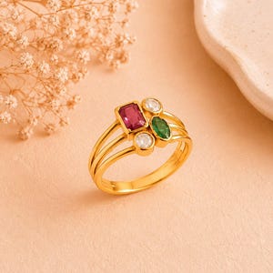 Multi Stone Gemstone Ring, Red Green Statement Ring, Gold Tone Cocktail Ring, Elegant Gift for Her, Unique Handmade Jewelry