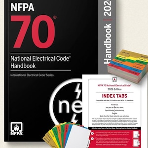 May include: A black handbook with the text "NFPA 70 National Electrical Code Handbook 2026" and a stack of index tabs. The tabs are color-coded and labeled with article numbers. A white sheet of paper with instructions is also included.