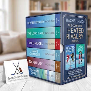 May include: A boxed set of six paperback books from the "Heated Rivalry" series by Rachel Reid. The book titles are visible on the spines: "Heated Rivalry," "The Long Game," "Role Model," "Game Changer," "Tough Guy," and "Common Goal." A small card with the text "SparkStudyGuides" is in front.