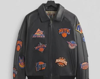 Avirex x Kith New York Varsity läderjacka: Kohud, Knicks-märken, vintagestil