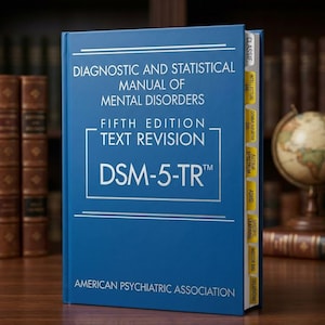 May include: A blue book titled "Diagnostic and Statistical Manual of Mental Disorders, Fifth Edition, Text Revision, DSM-5-TR" with silver lettering. The book has yellow tabbed sections and is published by the American Psychiatric Association.