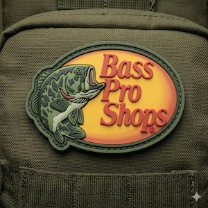 May include: An olive green fabric bag featuring a raised, oval-shaped rubber patch. The patch displays a green bass fish on the left and the red text Bass Pro Shops on a yellow and orange gradient background on the right side of the oval.