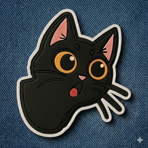 Pode incluir: Um emblema em forma de cabeça de gato preto com grandes olhos cor de laranja, um pequeno nariz rosa e uma expressão de surpresa com a boca aberta. O design apresenta um contorno branco e detalhes em relevo de borracha preta bem definidos.