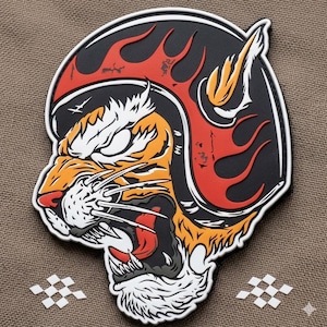 Tiger Racer 3D PVC Patch Retro Motorcycle Helmet Morale Badge Biker Rubber Emblem Sew On Novelty Patch for Jackets & Bags