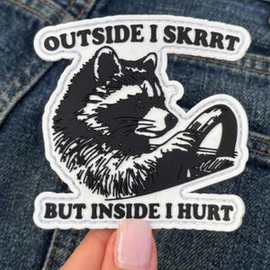 May include: A black and white patch featuring a raccoon driving a car with the text "OUTSIDE I SKRRT" at the top and "BUT INSIDE I HURT" at the bottom. The design is rendered in a raised, molded style with a white border and black lettering.