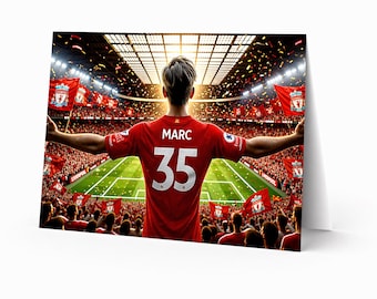 Tarjeta de cumpleaños personalizada de fútbol del Liverpool / Imprime en casa Descarga digital / Regalo personalizado para niños, hombres y aficionados (Fútbol personalizado)