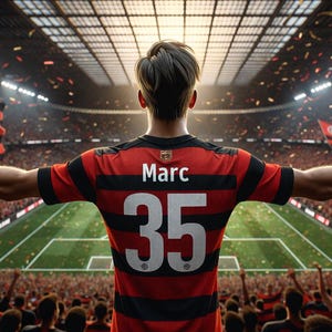 Op de afbeelding: Een persoon draagt een rood-zwart voetbalshirt met de naam "Marc" en het nummer "35" op de rug, met uitgestrekte armen in een stadion vol juichende fans. De vlag van het team is zichtbaar.