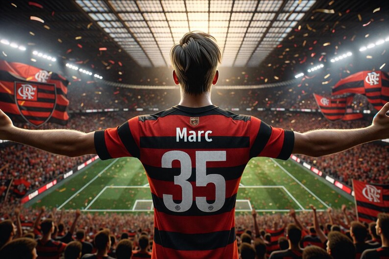 Op de afbeelding: Een persoon draagt een rood-zwart voetbalshirt met de naam "Marc" en het nummer "35" op de rug, met uitgestrekte armen in een stadion vol juichende fans. De vlag van het team is zichtbaar.