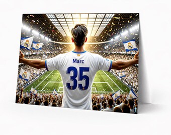 Tarjeta de cumpleaños personalizada de fútbol del Real Madrid / Imprime en casa Descarga digital / Regalo personalizado para niños, hombres y aficionados (Soc personalizado
