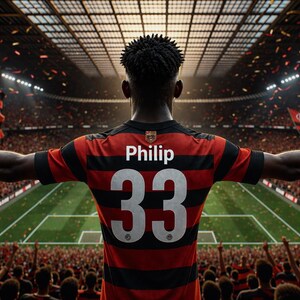 Op de afbeelding: Een voetballer in een rood-zwart gestreept shirt met de naam "Philip" en het nummer "33" op de rug staat in een stadion met uitgestrekte armen. De menigte juicht en confetti valt.