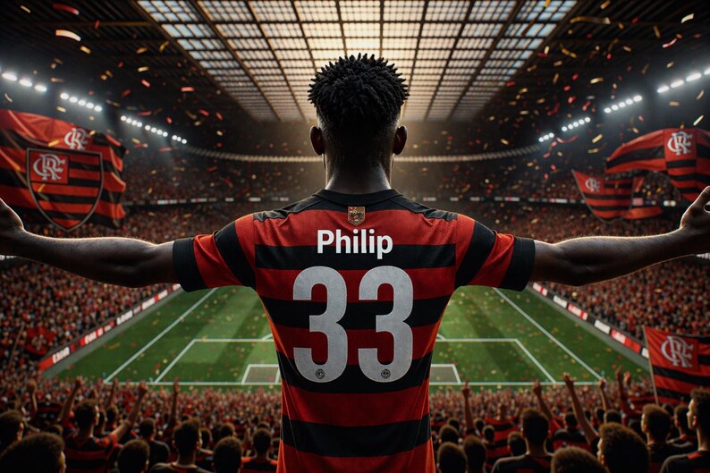 Op de afbeelding: Een voetballer in een rood-zwart gestreept shirt met de naam "Philip" en het nummer "33" op de rug staat in een stadion met uitgestrekte armen. De menigte juicht en confetti valt.