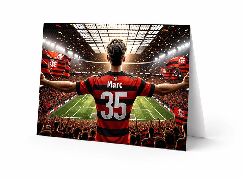 Op de afbeelding: Illustratie van een voetballer in een rood-zwart gestreept shirt met nummer 35 en de naam "Marc" op de rug, die viert in een stadion vol fans. De speler houdt vlaggen met het embleem van het team vast.