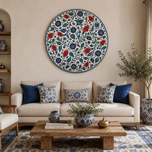 May include: A large circular wall art piece featuring a dense floral pattern in red, dark blue, and green on a white background, displayed above a beige sofa with blue and patterned throw pillows and a wooden coffee table with ceramic decor.