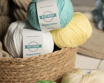 Estako Happy Cotton,  Cotton Acrylic Blend Yarn, Soft, Fine/Sport (2) for Crochet and Knitting 1.76 Oz (50g) / 180 Yrds (165m)
