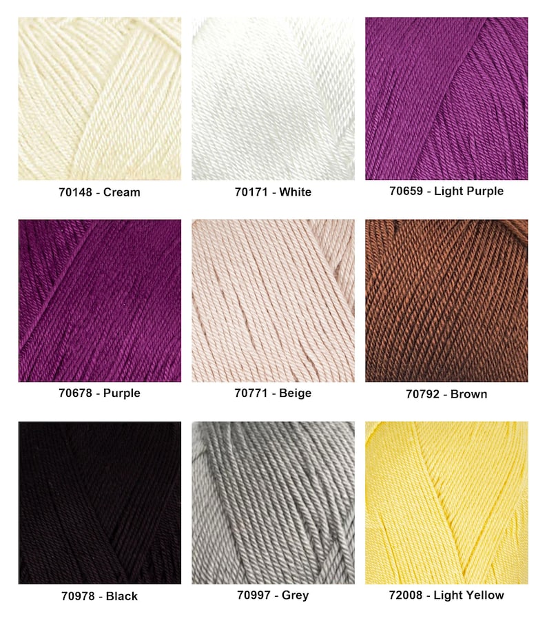 May include: A collection of nine yarn skeins in various colors, including cream, white, light purple, purple, beige, brown, black, grey, and light yellow. Each skein is labeled with a color name and a numerical code.