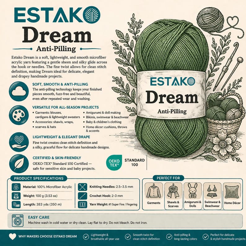 May include: A ball of Estako Dream anti-pilling yarn in a muted green color. The label displays the brand name and product details, including the material, weight (3.53 oz), and length (383 yds). The yarn is suitable for garments, shawls, and home d&eacute;cor.