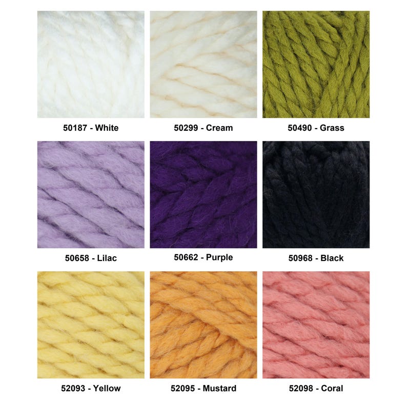 Pode incluir: Nove amostras de fio grosso em v&aacute;rias cores, incluindo branco, creme, verde-relva, lil&aacute;s, roxo, preto, amarelo, mostarda e coral. Cada amostra tem um n&uacute;mero e um nome de cor.