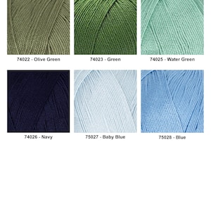 May include: A collection of six skeins of yarn in various colors. The colors include olive green, green, water green, navy, baby blue, and blue. Each skein has a label with a color name and a number.