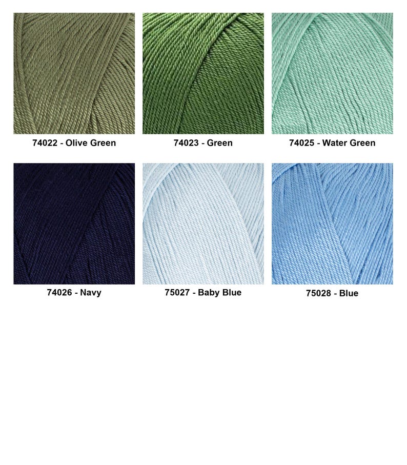 May include: A collection of six skeins of yarn in various colors. The colors include olive green, green, water green, navy, baby blue, and blue. Each skein has a label with a color name and a number.
