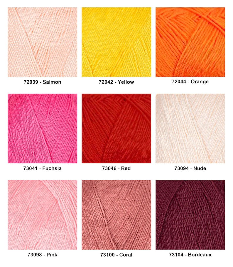 May include: A collection of nine skeins of yarn in various colors, including salmon, yellow, orange, fuchsia, red, nude, pink, coral, and bordeaux. Each skein has a corresponding number and color name printed below.