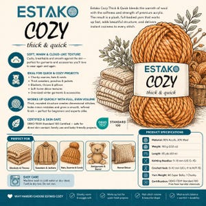 Pode incluir: Um an&uacute;ncio de fio Estako Cozy grosso e r&aacute;pido. A imagem apresenta uma grande bola de fio laranja com um r&oacute;tulo, cobertores empilhados e exemplos de projetos acabados, como chap&eacute;us e cobertores. O fio tem 100 g e 60 m de comprimento.