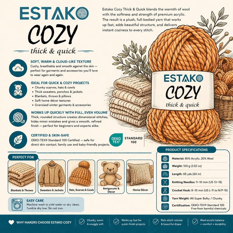 Pode incluir: Um an&uacute;ncio de fio Estako Cozy grosso e r&aacute;pido. A imagem apresenta uma grande bola de fio laranja com um r&oacute;tulo, cobertores empilhados e exemplos de projetos acabados, como chap&eacute;us e cobertores. O fio tem 100 g e 60 m de comprimento.