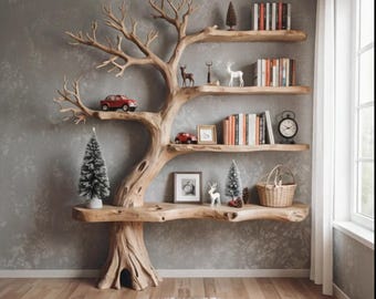 Tree Bookshelf Wooden Bookcase, Tree Shaped Shelf, Natural Wood Bookcase, Rustic Tree Shelf, Wooden Tree Bookcase, Handmade Furniture