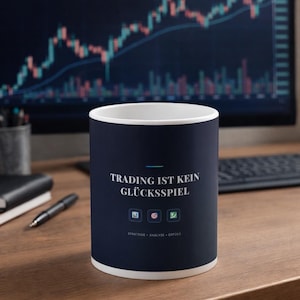 Peut inclure: Un mug en céramique blanc avec un extérieur bleu foncé. Le mug présente le texte allemand "TRADING IST KEIN GLÜCKSSPIEL" en blanc, ainsi que trois petites icônes et les mots "STRATEGIE • ANALYSE • ERFOLG". Un écran d'ordinateur avec un graphique boursier est en arrière-plan.