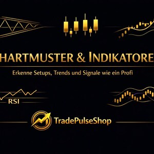 May include: A black background with gold-colored graphics and text. The text reads "CHARTMUSTER & INDIKATOREN" and "Erkenne Setups, Trends und Signale wie ein Profi." Various chart patterns and the "RSI" indicator are displayed. The TradePulseShop logo is at the bottom.