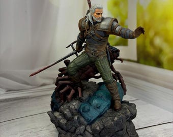 Witcher Inspired Figure – Hand Painted 3D Printed Statue – Fantasy Monster Hunter Collectible – Fan Art