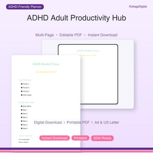 以下が含まれることがあります： 「ADHD Adult Productivity Hub」と題されたデジタルプランナーで、「ADHD Student Focus」の文字が見えます。 このプランナーは生産性向上のために設計されており、優先順位や目標設定のセクションが含まれています。 デジタルダウンロードと印刷可能なPDFとして利用できます。