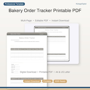 以下が含まれることがあります： 「Bakery Order Tracker」というタイトルのデジタル印刷可能なPDF。デザインは、大きな太字の黒い文字でタイトルが表示された白い背景が特徴です。ドキュメントには、注文の詳細、レシピ、ステータスの更新に関するセクションが含まれています。これは、すぐにダウンロードできる複数ページの編集可能なPDFです。