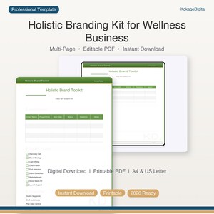 以下が含まれることがあります： ウェルネスビジネス向けのデジタルブランディングキット。デザインには、「Holistic Branding Kit for Wellness Business」というテキストが入った緑と白のテンプレートが含まれています。このキットは、複数ページで編集可能なPDFで、すぐにダウンロードできます。