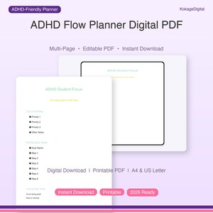 以下が含まれることがあります： 「ADHD Flow Planner」と書かれたデジタルPDFプランナー。学生の集中力、優先順位、目標ステップのセクションが含まれています。マルチページで編集可能、即時ダウンロード可能。A4およびUSレターサイズです。