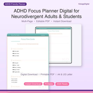 ADHD Focus Planner Digital for Neurodivergent Adults & Students | Printable Productivity Guide | Instant Download PDF