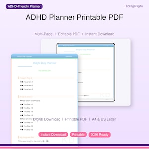 ADHD Planner Printable PDF | Digital Productivity & Goal Setting Journal | Neurodivergent Support | Instant Download Daily Focus Tracker