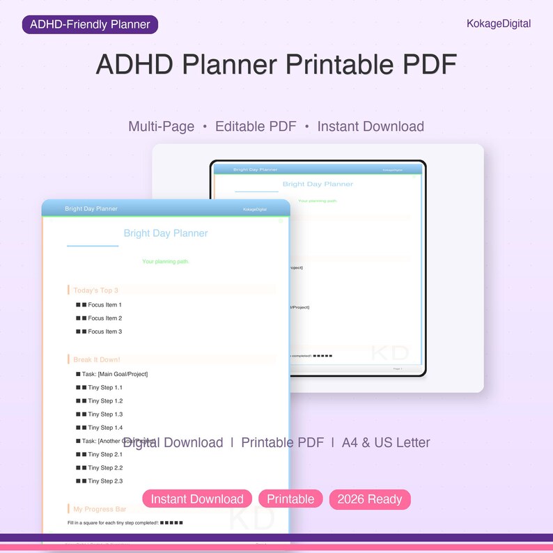 ADHD Planner Printable PDF | Digital Productivity & Goal Setting ...
