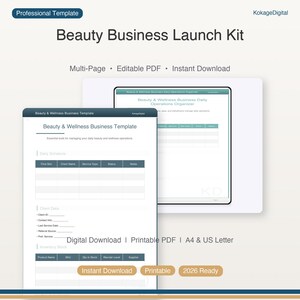 以下が含まれることがあります： 「Beauty Business Launch Kit」のデジタルテンプレート。テキストには「Beauty & Wellness Business Template」と「Beauty & Wellness Business Daily Operations Organizer」が含まれています。テンプレートはマルチページ、編集可能なPDFで、即時ダウンロードできます。毎日のスケジュール、顧客データ、在庫のセクションが含まれています。